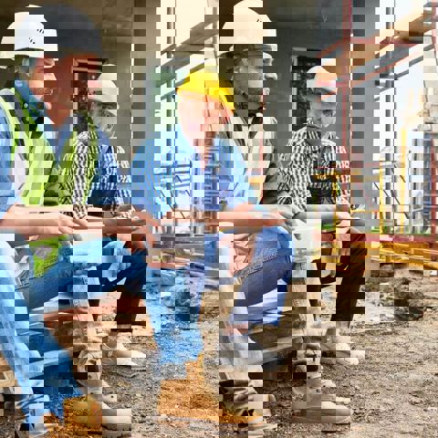 Two male construction workers, sitting on a pallet on a building site, talking about their mental health during their lunch break