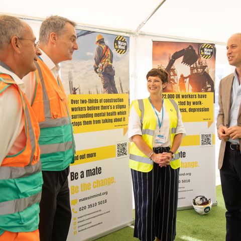 Prince William visiting a construction site, and talking to Mates in Mind and construction workers about mental health in the industry
