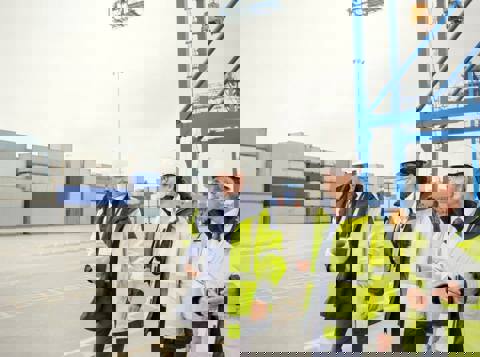 Three people walking along a dock carrying clipboards, with numerous large metal shipping containers stacked up behind them