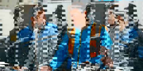 Three men standing behind a workbench in a warehouse, the middle man is talking about his mental health, whilst the other two listen